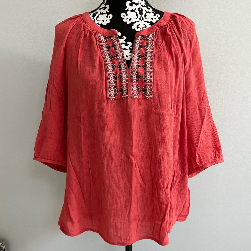 J. Jill Gauzy Embroidered V-neck Popover Blouse Size XL-P Boho Peasant Fall